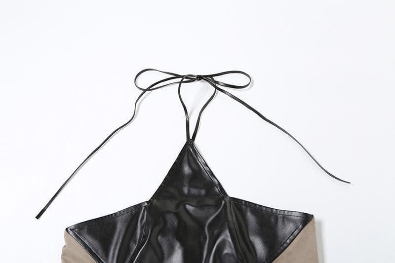 Halter PU leather star pattern backless crop top