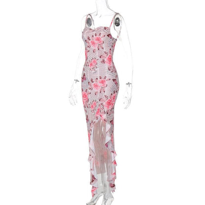 Cowl neck ruffle slit butterfly print cami maxi dress