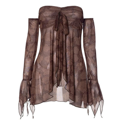 Long flared sleeve sheer mesh print off shoulder top