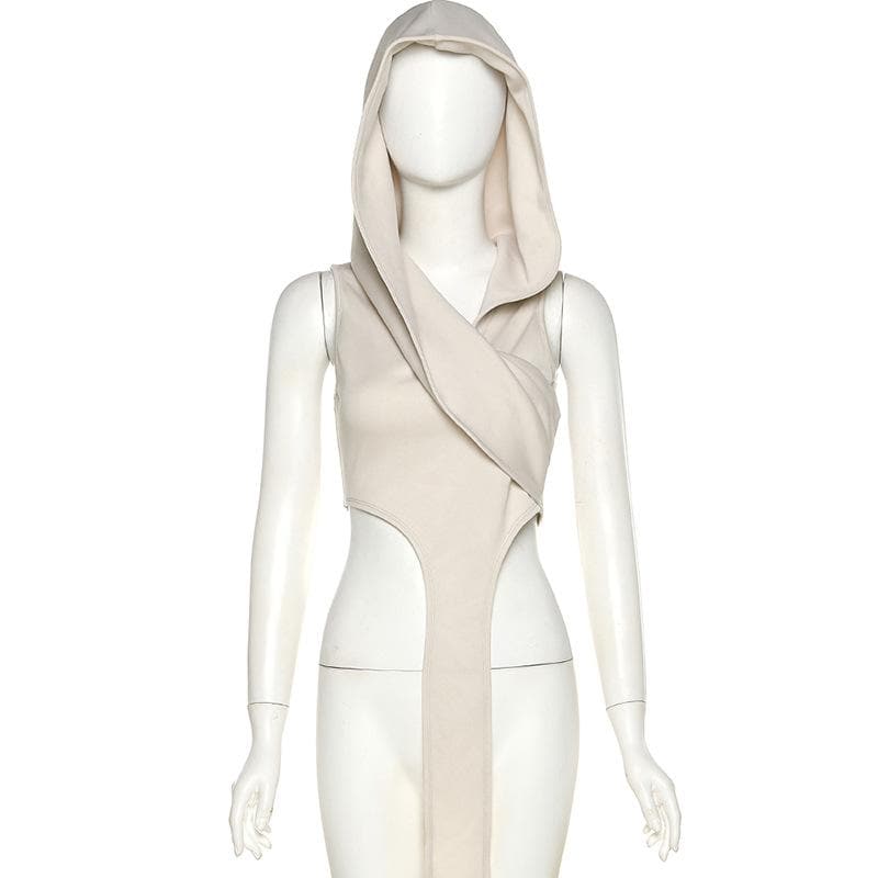Sleeveless solid irregular ribbon hoodie ruched crop top