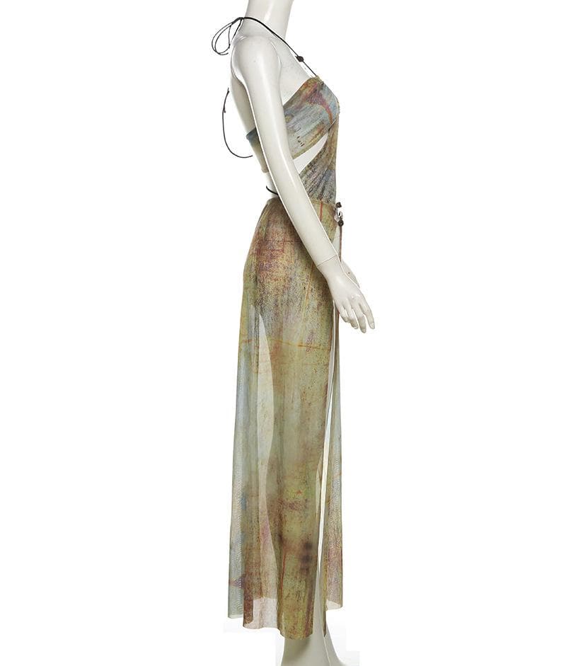 Halter drawstring tie dye irregular sheer mesh maxi dress