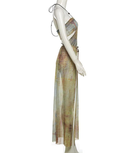 Halter drawstring tie dye irregular sheer mesh maxi dress