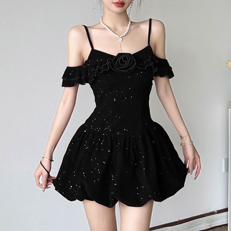 Glitter velvet ruffle flower applique 2-way cami mini dress