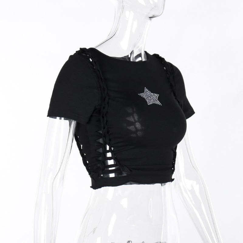 Short sleeve crewneck beaded hollow out cut out top