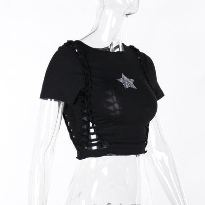 Short sleeve crewneck beaded hollow out cut out top