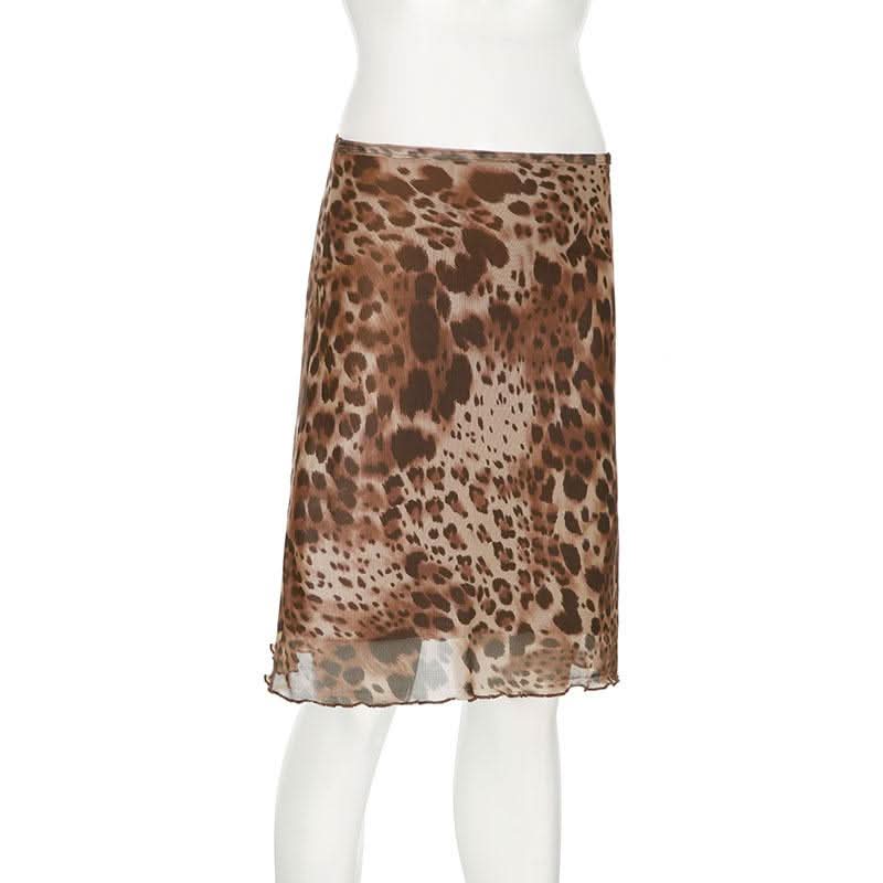 Leopard print mesh low rise midi skirt