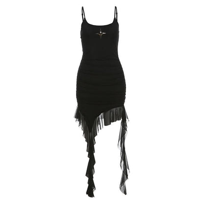 U neck sart applique ruffle irregular cami mini dress