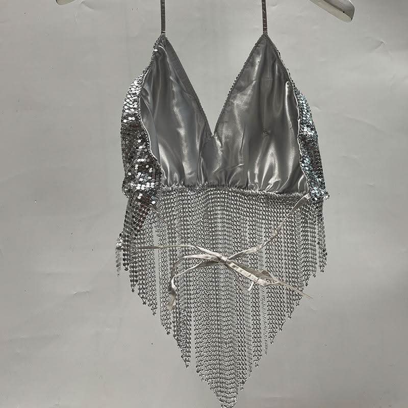 V neck halter self tie tassels glitter top