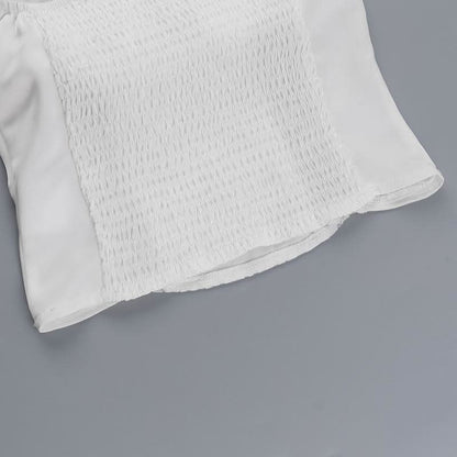 Lace hem off shoulder ruched smocked top