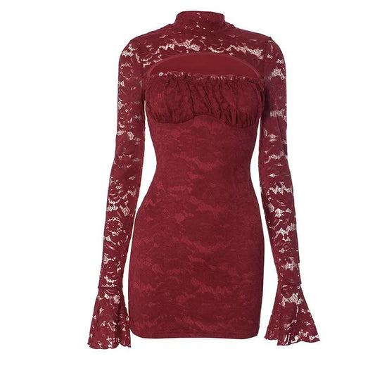 Long flared sleeve hollow out ruched lace cut out mini dress