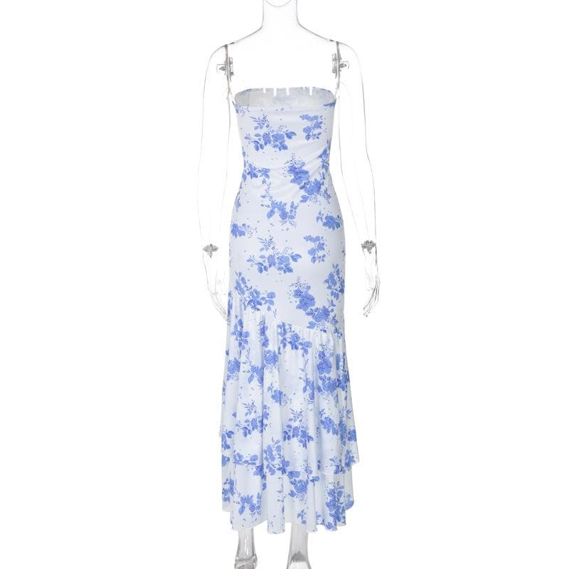 Print ruffle ruched high slit tube maxi dress