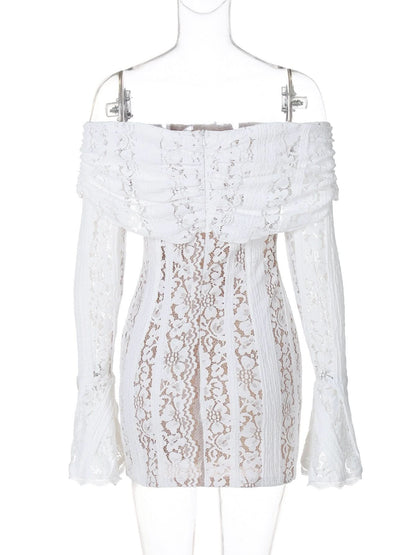 Off shoulder long sleeve lace bowknot mini dress