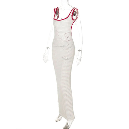 U neck backless knitted self tie cami maxi dress