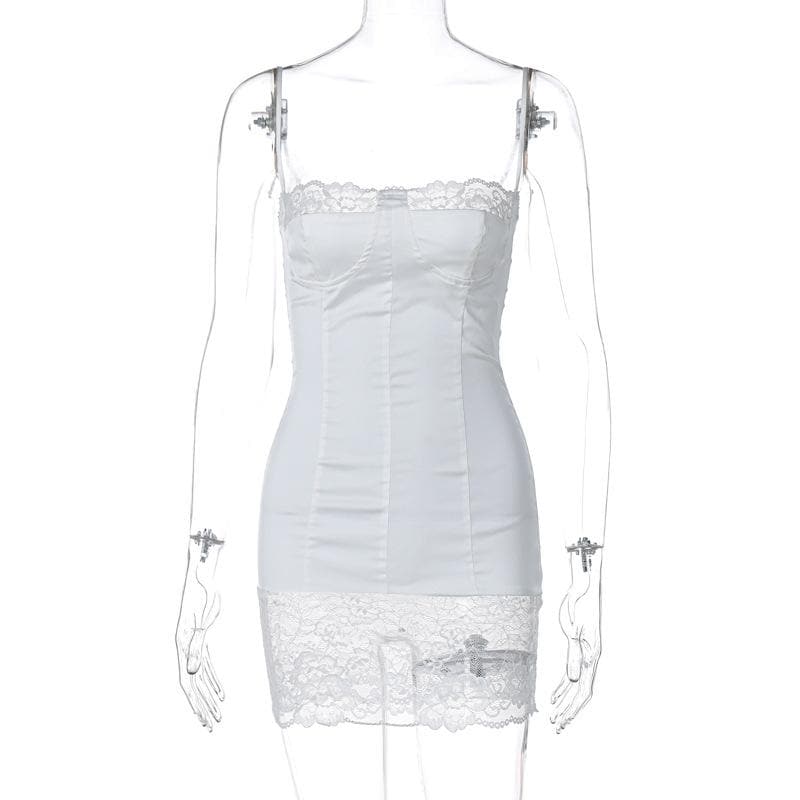 Lace patchwork stitch zip-up backless cami mini dress
