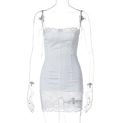 Lace patchwork stitch zip-up backless cami mini dress