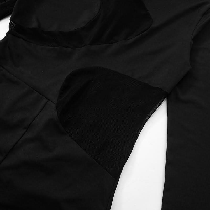 Long sleeve zip-up mesh patchwork crewneck romper