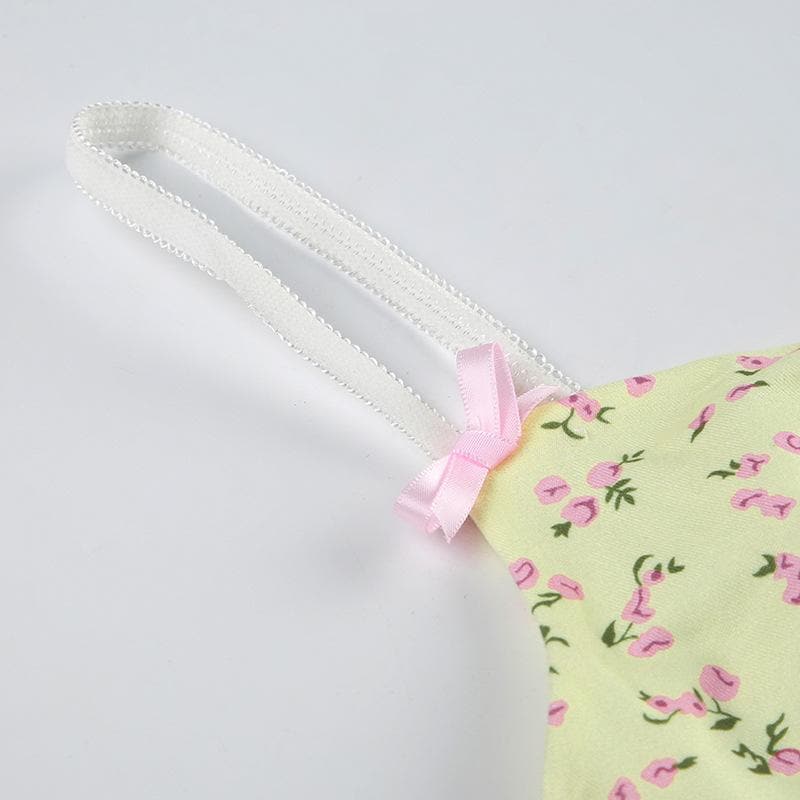 Bowknot flower print ruched ruffle cami top