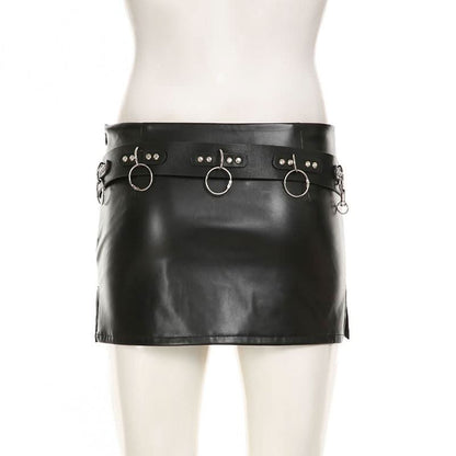 PU leather belt buckle mini skirt