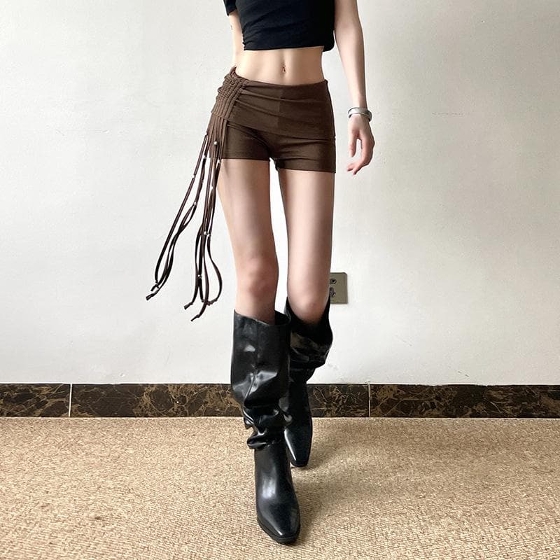 Tassels beaded ruched low rise short pant