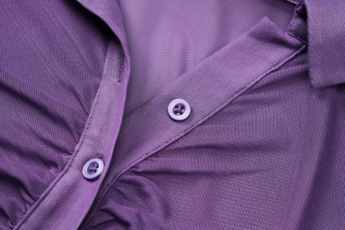 Turnover collar long sleeve ruched button mesh top