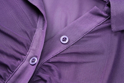 Turnover collar long sleeve ruched button mesh top