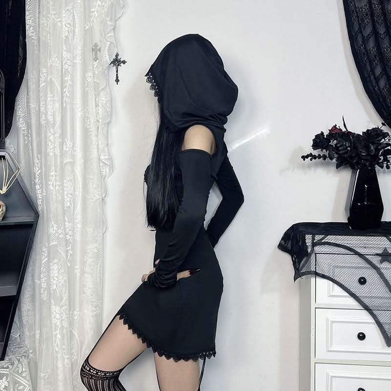 Hoodie long sleeve lace hem embroidery hollow out cut out mini dress