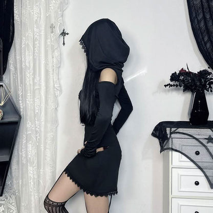 Hoodie long sleeve lace hem embroidery hollow out cut out mini dress
