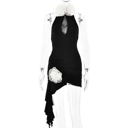 Halter ruched flower applique ruffle mini dress