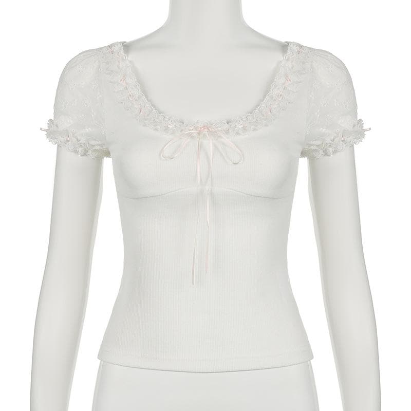 Short puff sleeve bowknot ruffle ribbed top