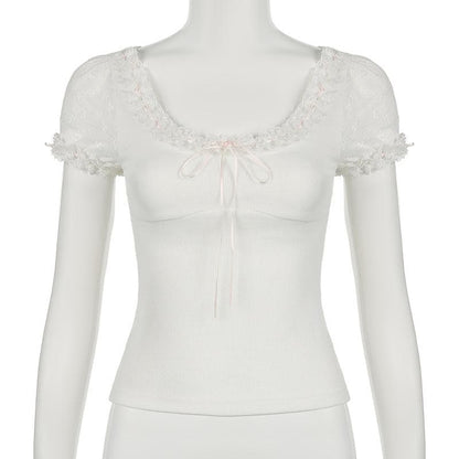 Short puff sleeve bowknot ruffle ribbed top