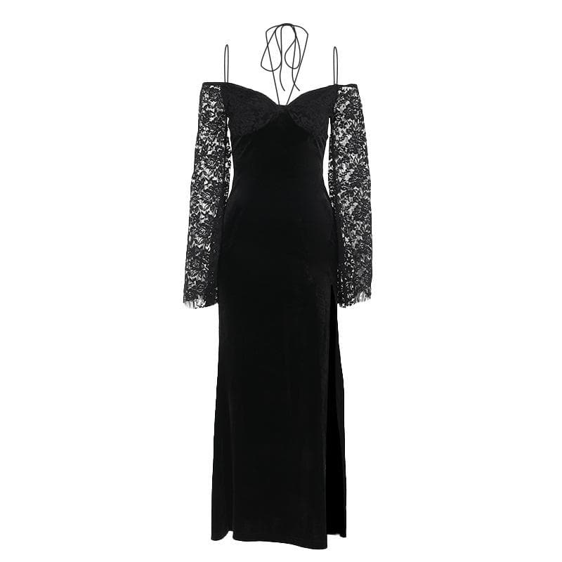 Long sleeve off shoulder velvet slit maxi dress
