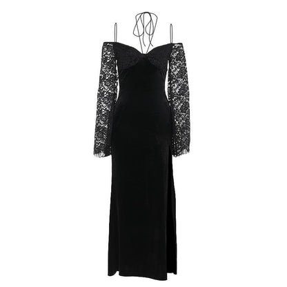 Long sleeve off shoulder velvet slit maxi dress