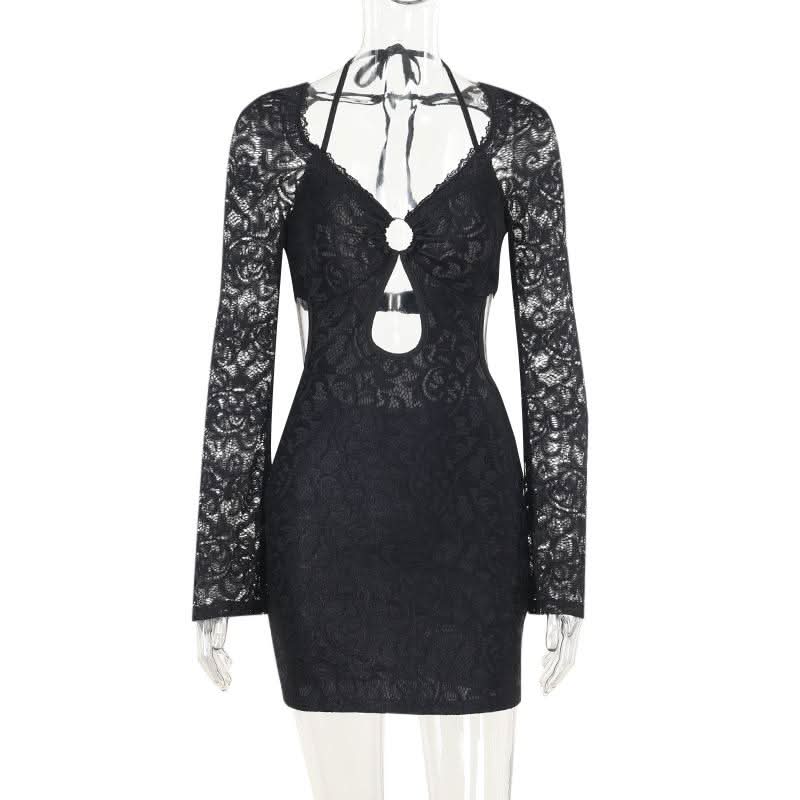 Halter long sleeve lace hollow out o ring cut out mini dress