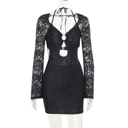 Halter long sleeve lace hollow out o ring cut out mini dress