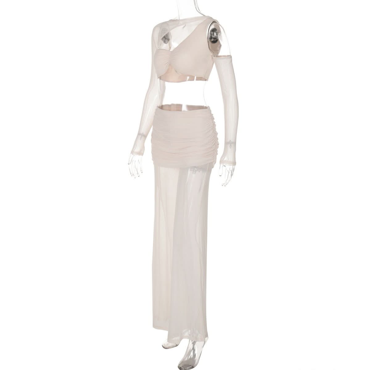 Long sleeve mesh patchwork ruched maxi skirt set-final-sale