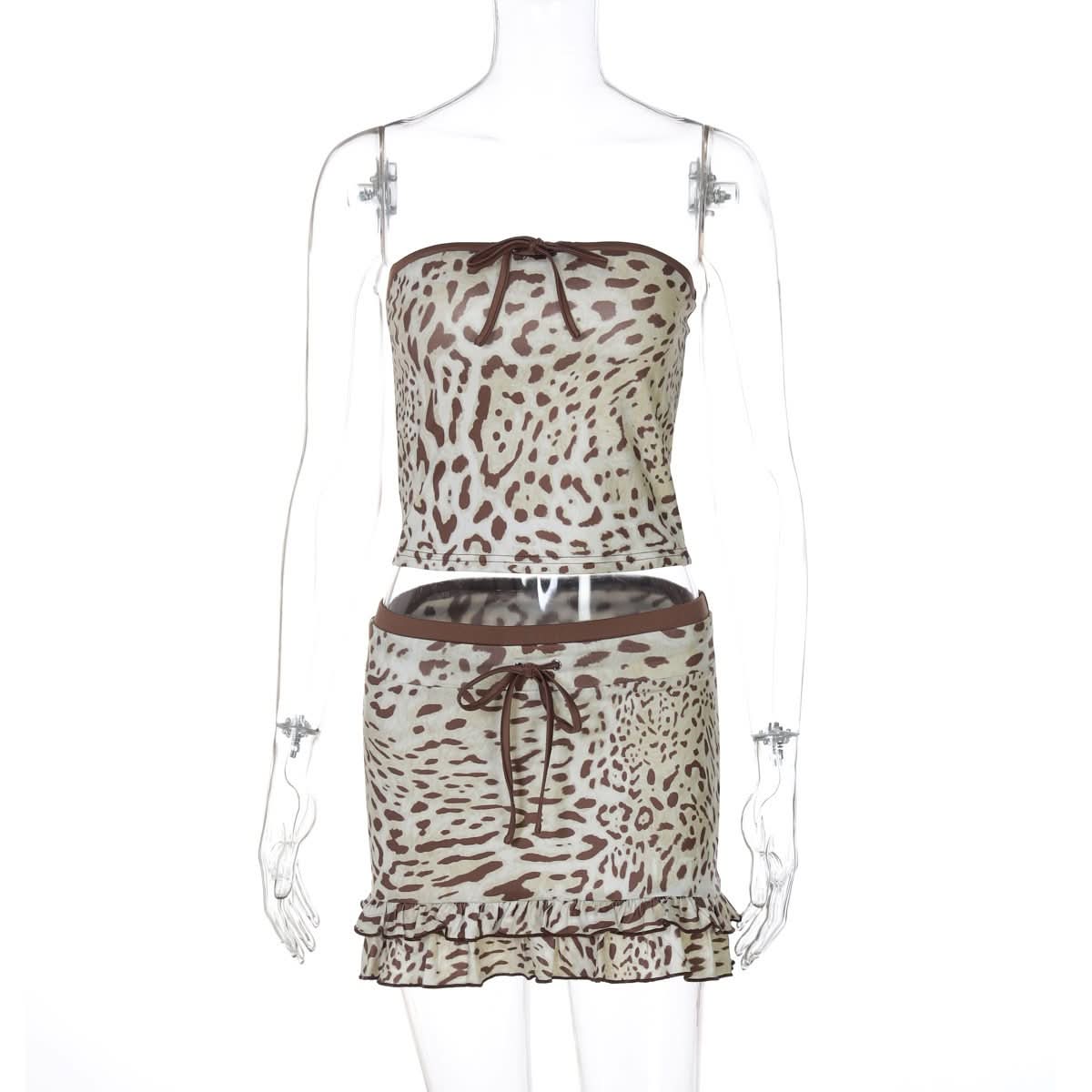 Leopard print bowknot ruffle tube mini skirt set