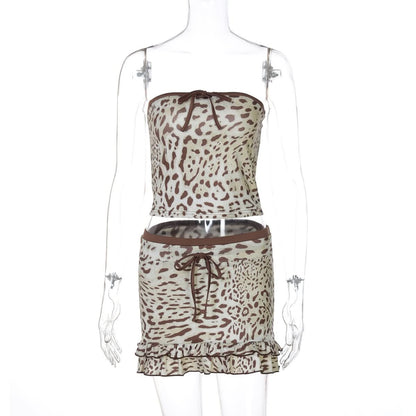 Leopard print bowknot ruffle tube mini skirt set