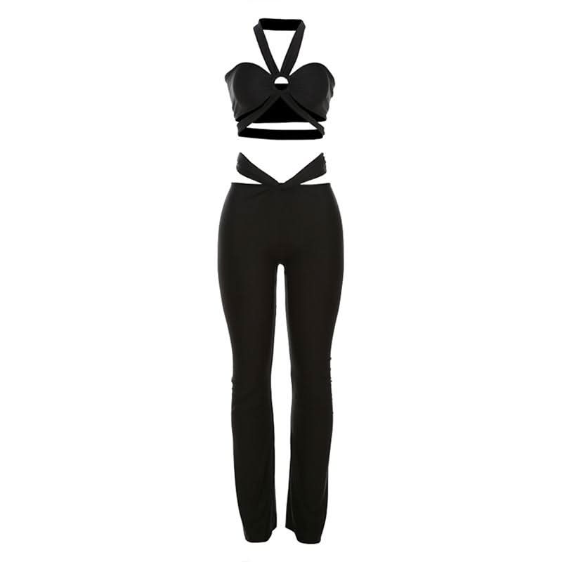 Halter hollow out ruched low rise crop pant set