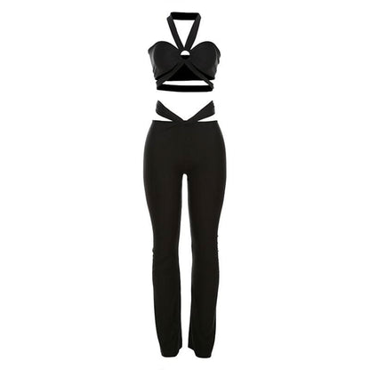 Halter hollow out ruched low rise crop pant set