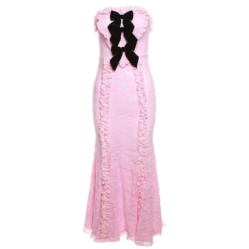 Lace contrast bowknot zip-up ruffle backless tube maxi dress-final-sale