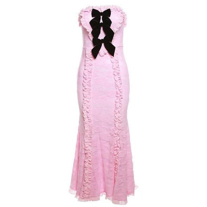 Lace contrast bowknot zip-up ruffle backless tube maxi dress-final-sale