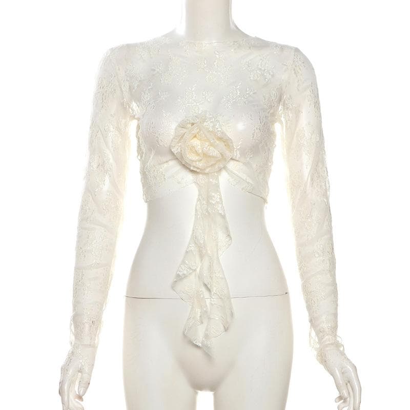 Long sleeve lace flower applique crop top