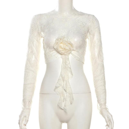 Long sleeve lace flower applique crop top