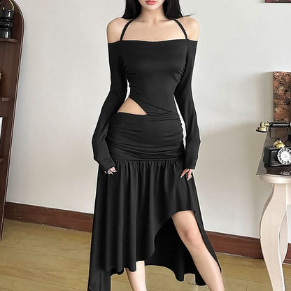 Halter long sleeve off shoulder hollow out cut out maxi dress
