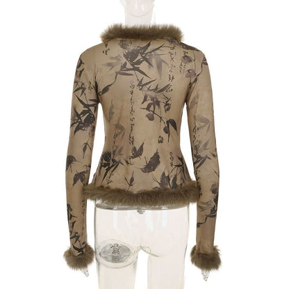 Long sleeve fluffy self tie print top