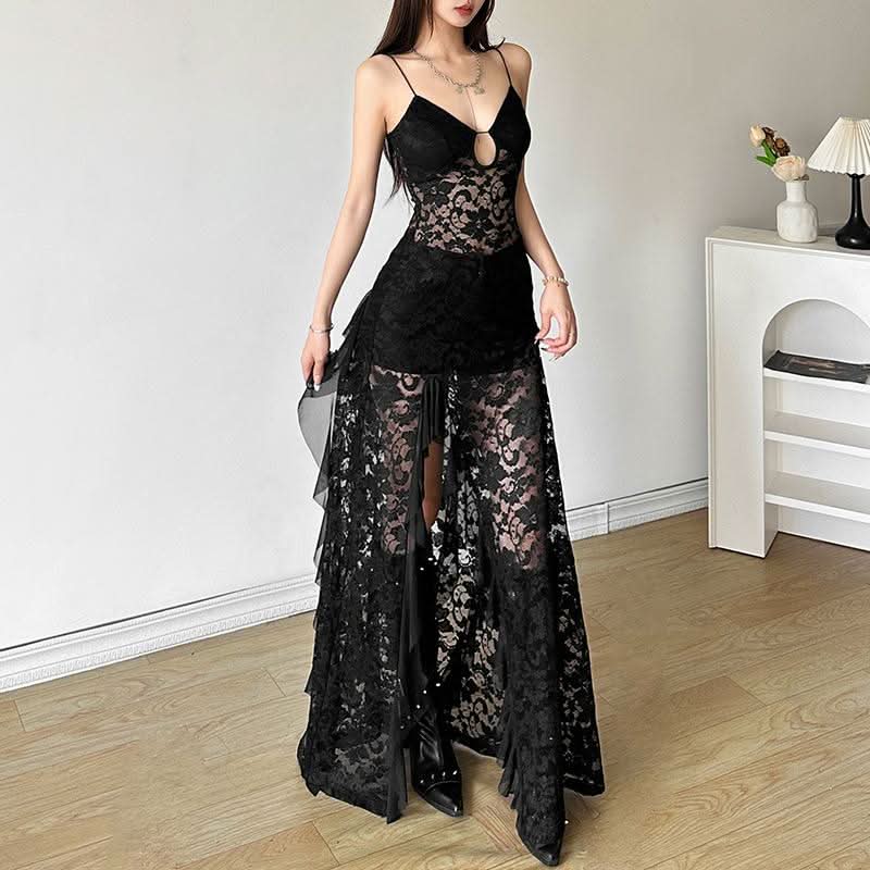 Hollow out v neck lace slit spaghetti strap cut out maxi dress
