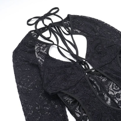 Lace long sleeve hollow out cross front cut out maxi dress