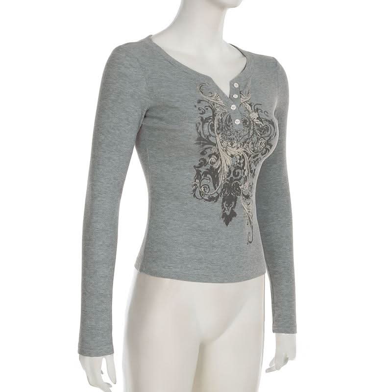 Long sleeve abstract ribbed button top