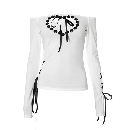 Hollow out long sleeve off shoulder self tie cut out top