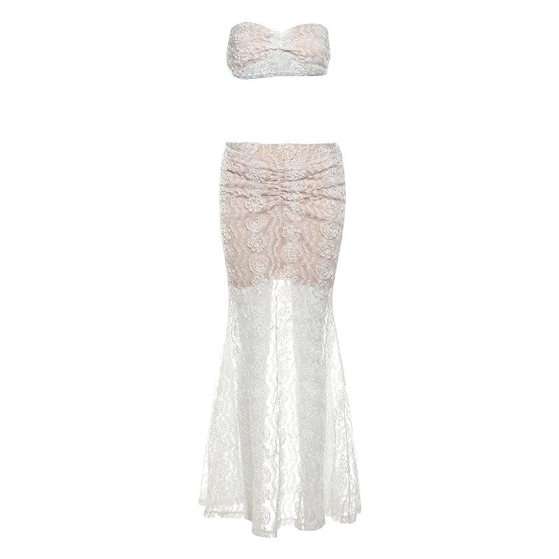 Ruched mesh tube maxi skirt set-final-sale